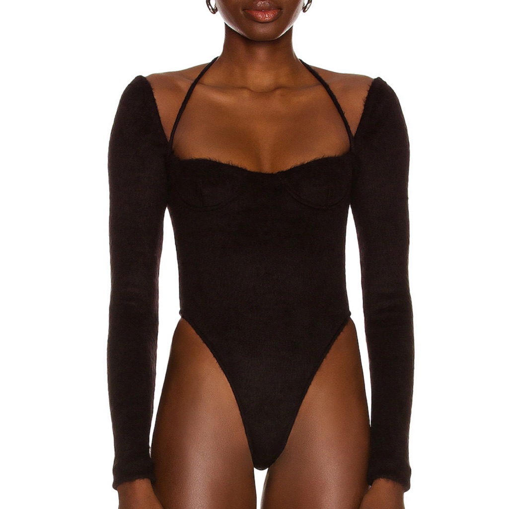 Laquan Smith Black Fuzzy Halter Neck Bodysuit — image 6 of 6